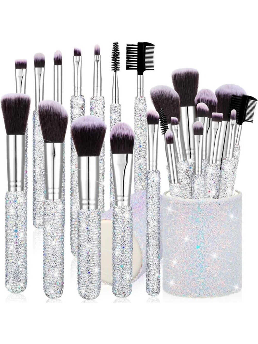 Glam 13 Pcs Rhinestone Makeup Brush Set with Holder - Sparkly Silver Beauty
